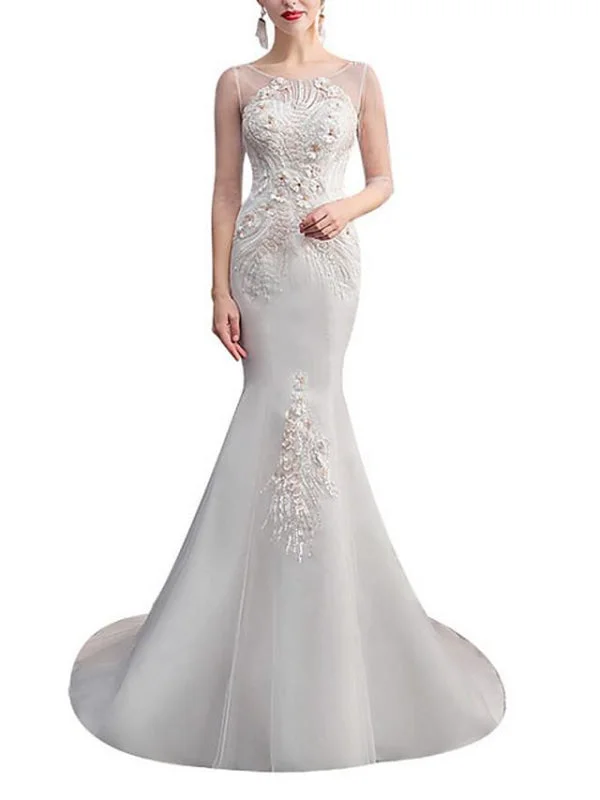 Mermaid \ Trumpet Wedding Dresses Jewel Neck Sweep \ Brush Train Lace Tulle Half Sleeve Vacation