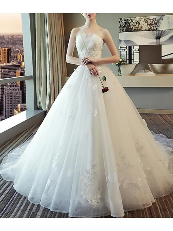 A-Line Wedding Dresses Strapless Court Train Polyester Strapless Refined Women's 