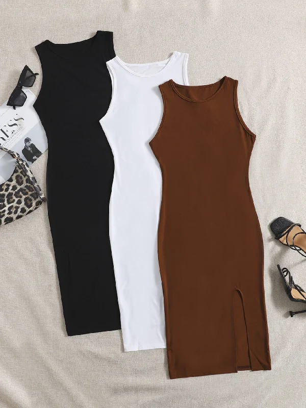 Plain Split Sleeveless Round Neck Slit Natural Midi Dress Cool Women's Distressed