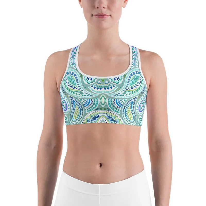 Blue and Green Paisley Sports Bra Monochromatic Office Style