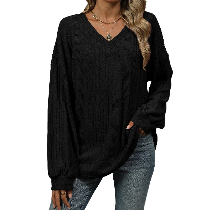 Solid Color V-Neck Loose Long Sleeve Knitted Sweater Wholesale Womens Clothing N3824091200015 Compression