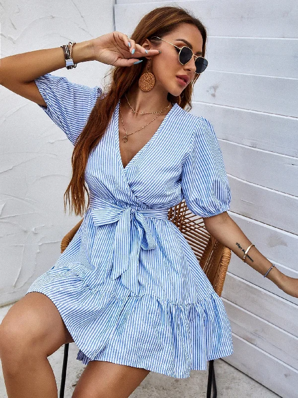Striped Belted Half Sleeve V Neck Flounce Natural Short Dress Laid - back Women's Style