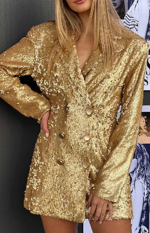 Natalie Gold Sequin Blazer Mini Dress Confident Women's High - fashion