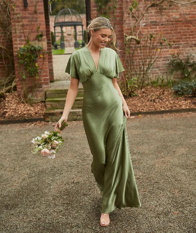 Plunge Batwing Satin Bridesmaid Dress - Moss Green Vacation