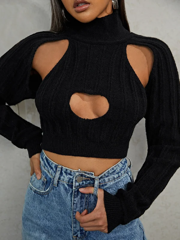 Sexy Plain Cut Out Long Sleeve High Neck Crop Women Sweater Athletic Women's High - 