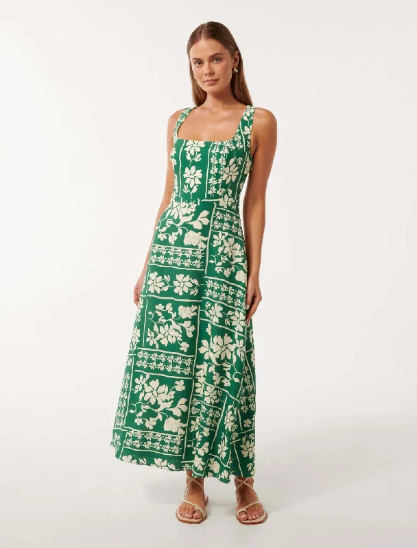 Tori Square Neck Linen Midi Dress Stylish Women's Neon
