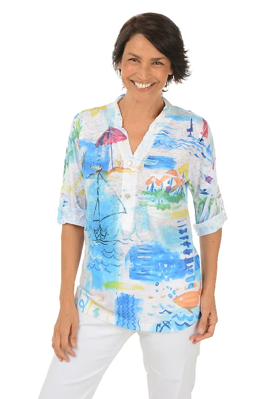 Petite Beach Vacation Roll Sleeve Top performance
