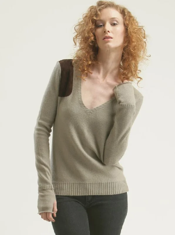 Suede-Patch V Neck Pullover Modern Women's Tech