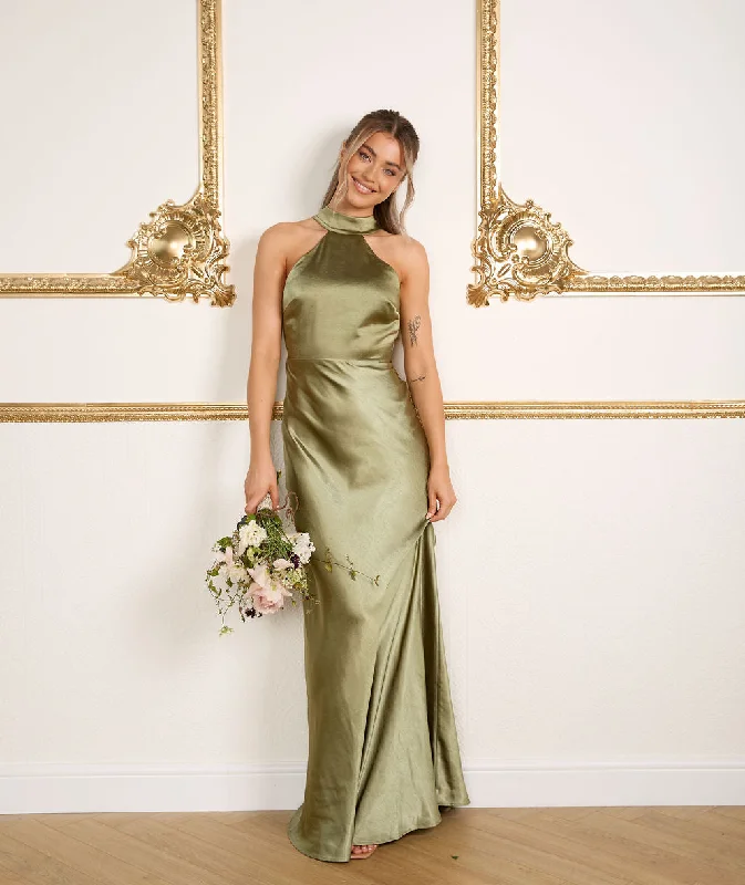 Halter Neck Satin Bridesmaid Dress - Moss Green performance