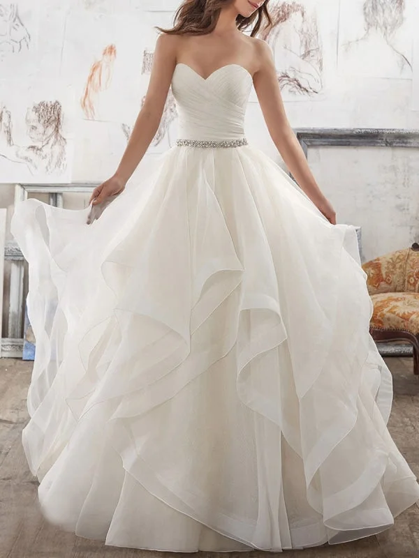 Wedding Dresses 2021 Ball Gown Sweet Heart Sleeveless Floor Length Asymmetry Hem Tulle Bridal Gown Preppy Women's College