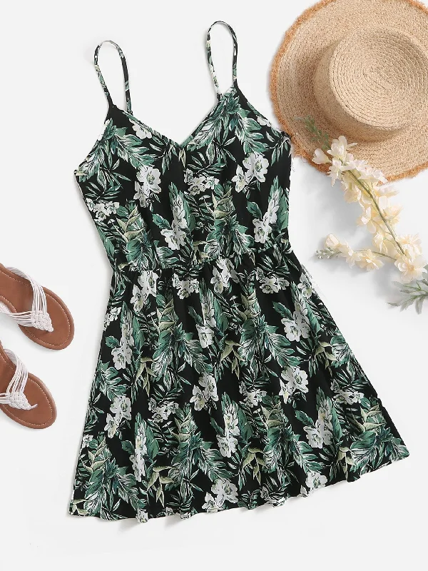 Tropical Sleeveless Spaghetti Strap Flared High Waist Short Dress Monochromatic All - in - one