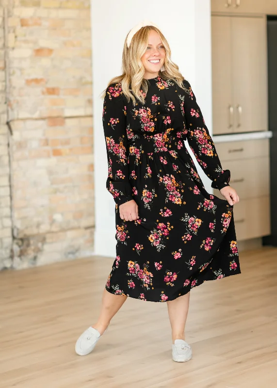 Floral Bunches Waist Panel Midi Dress - FINAL SALE Disco
