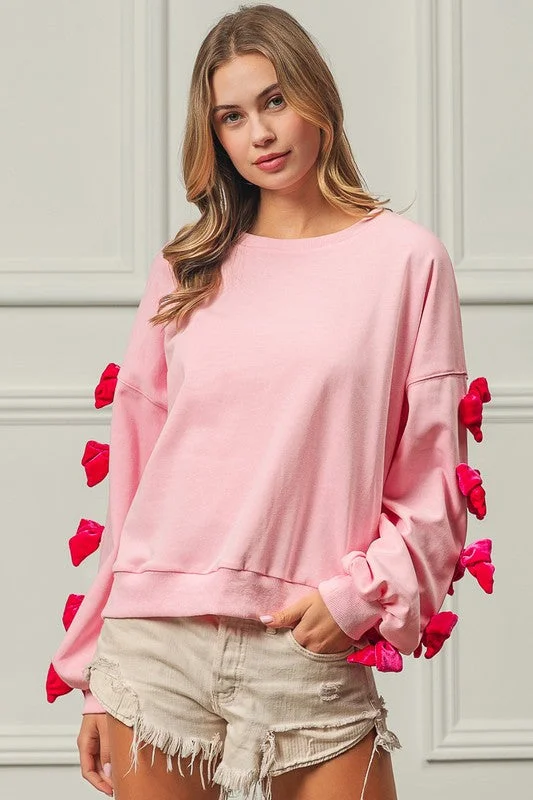 BiBi Velvet Ribbon Bows Long Sleeve Round Neck Sweatshirt Sophisticated Women's 
