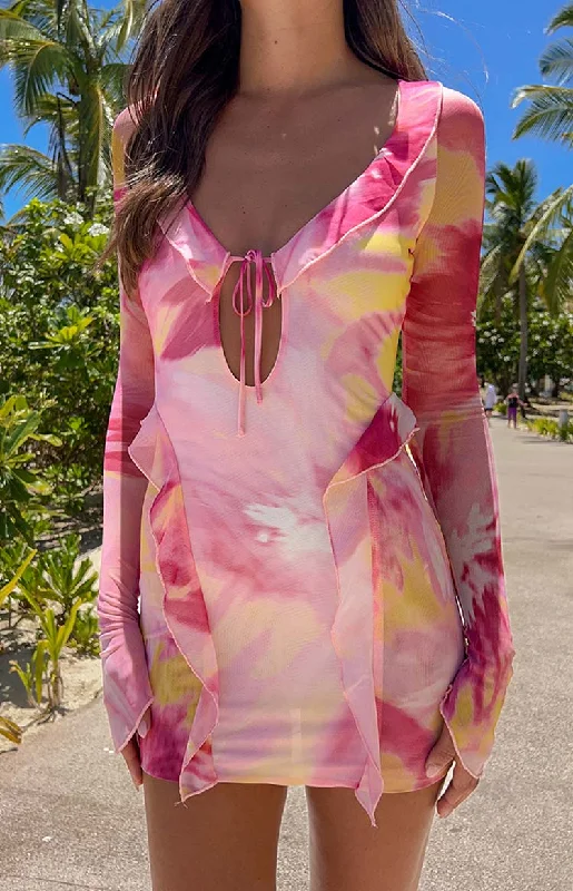 Surround Sound Pink Floral Mesh Long Sleeve Mini Dress Compression