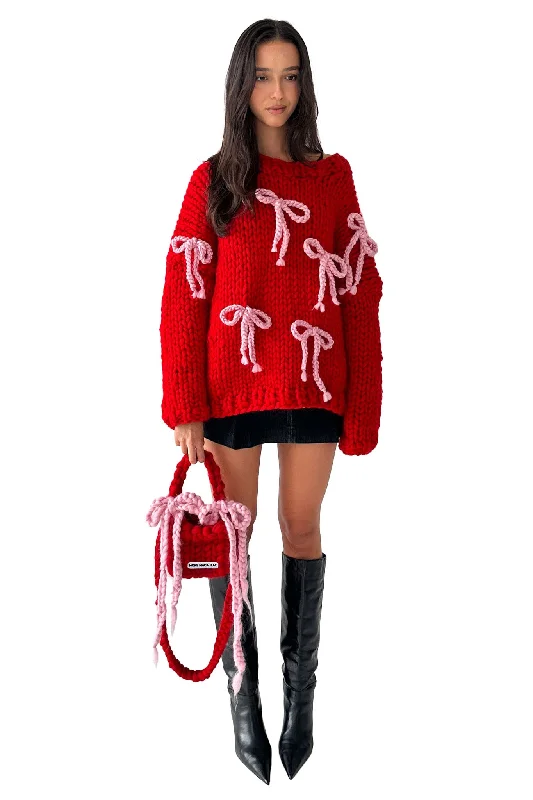 Red Chunky Bow Knit Sweater Refined Women's Hand - crafted