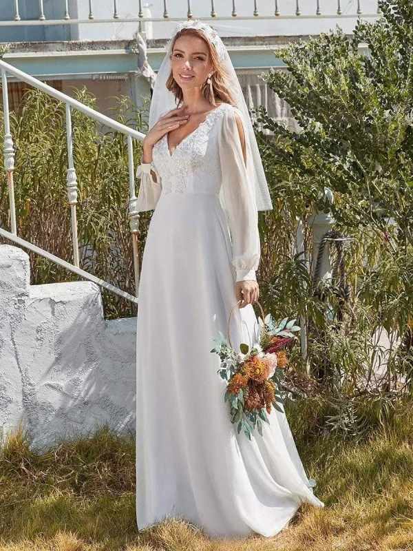 White Simple Wedding Dress A-Line V-Neck Long Sleeves Natural Waist Chiffon Long Bridal Dresses Dapper Women's Bow - adorned