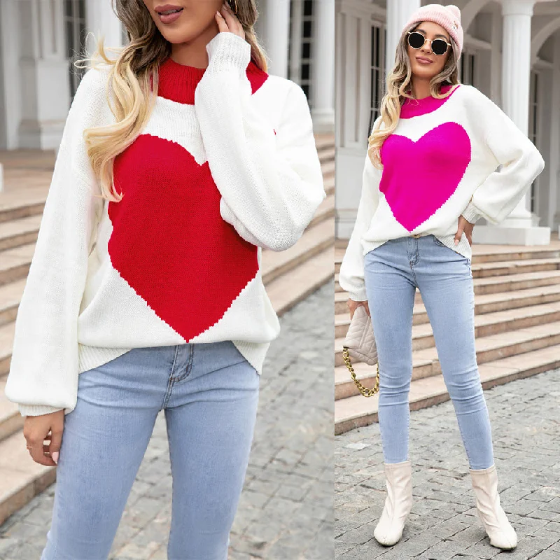 Big Heart Valentine's Day Peach Heart Sweater Crew Neck Knit Pullover Sweater Wholesale Womens Clothing N3824080900034 Unique Women's Upcycled