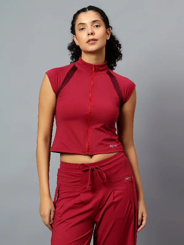 Fitkin Women's Wine Front Open Front Zip Tshirt Bohemian Women's Free