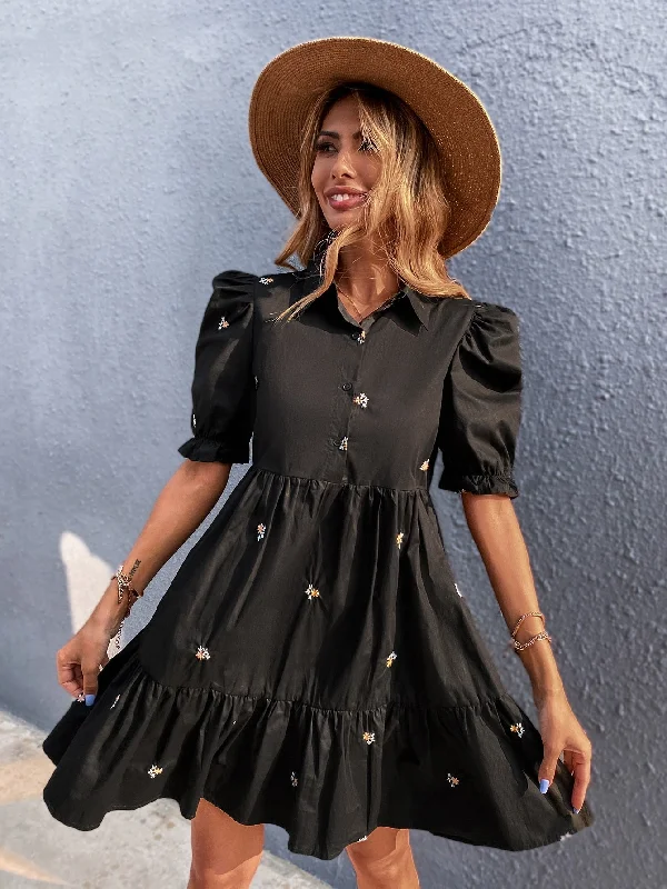 Floral Button Front Short Sleeve Collar Flounce High Waist Short Dress Adventure