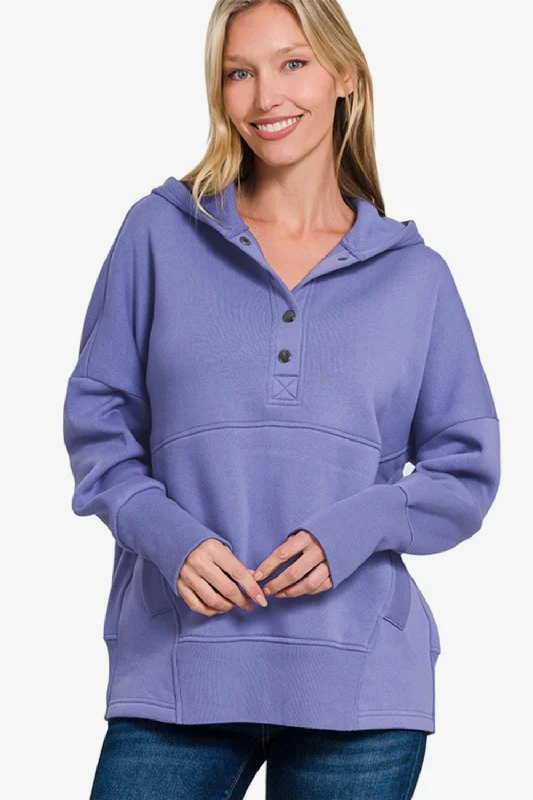 Zenana Half Snap Long Sleeve Hoodie with Kangaroo Pocket British Gentlewoman Style