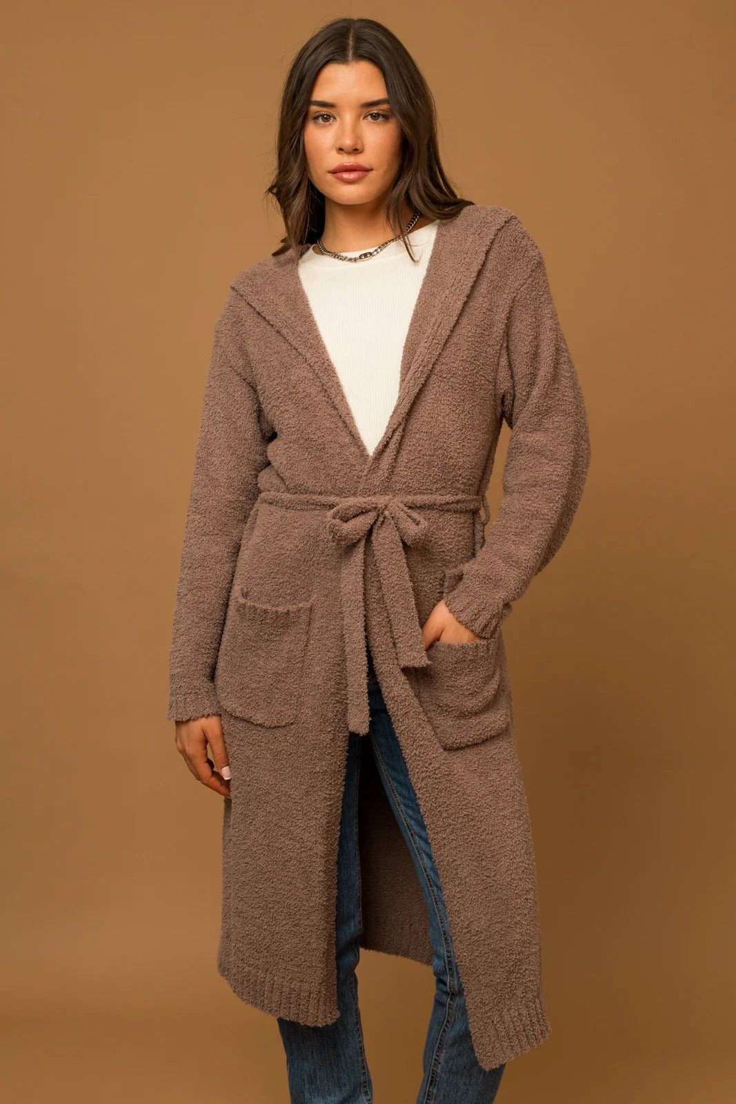 Hooded Front Pocket Long Belted Cardigan Unique Women's Upcycled