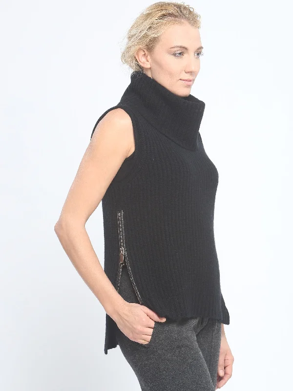 Leather Trimmed Zipper Detailed Sleeveless Turtleneck Pullover Confident Women's Power