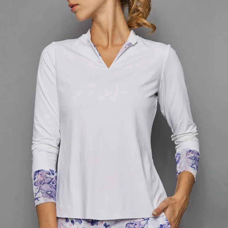 Serenity Long-Sleeve Collar Top (white) Casual Women's Loose - fitting