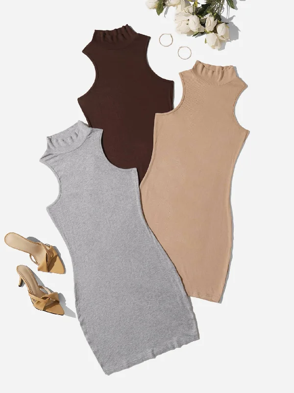 Plain Sleeveless High Neck Pencil Natural Short Dress Rugged Women's Outdoor 