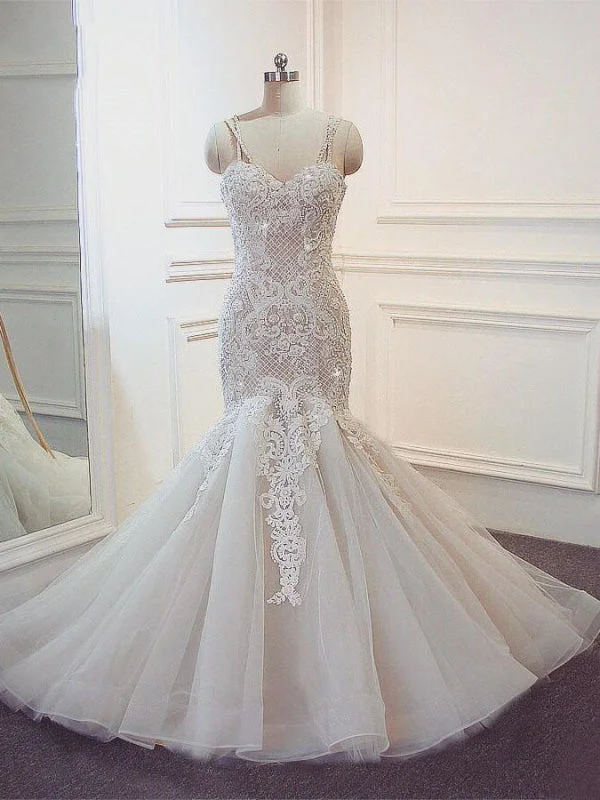 Stunning Spaghetti Strap Lace-Up Mermaid Wedding Dresses Trendy Women's Oversized