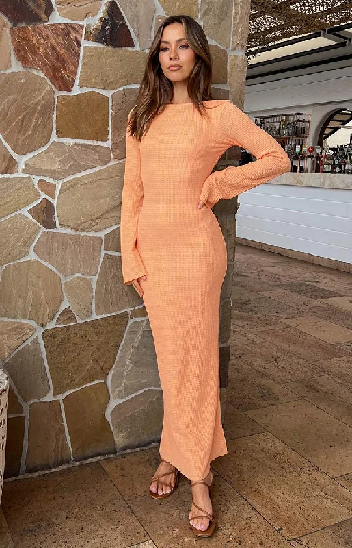 Looking For Love Orange Long Sleeve Midi Dress Women
