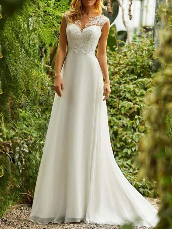Simple Wedding Dresses 2021 Chiffon A Line V Neck Sleeveless Lace Beaded Bridal Gowns With Train Edgy Women's Punk