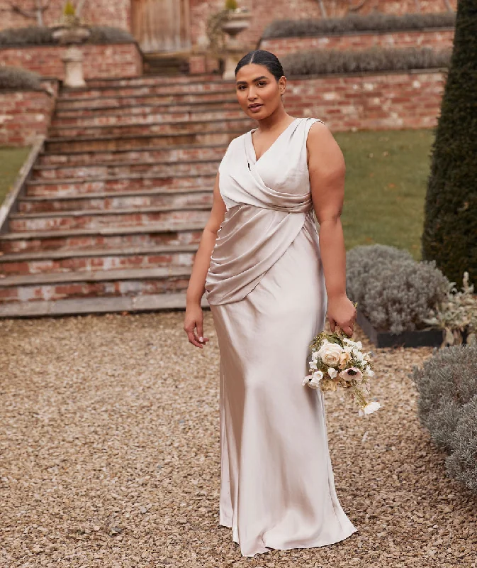 Plunge Drape Detail Satin Bridesmaid Dress - Oyster Contemporary 