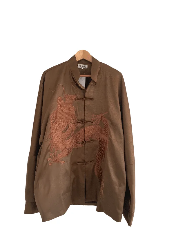 100% Silk Chinese Style Single Breasted Jacket Brown Size Large Classic Women's Tweed