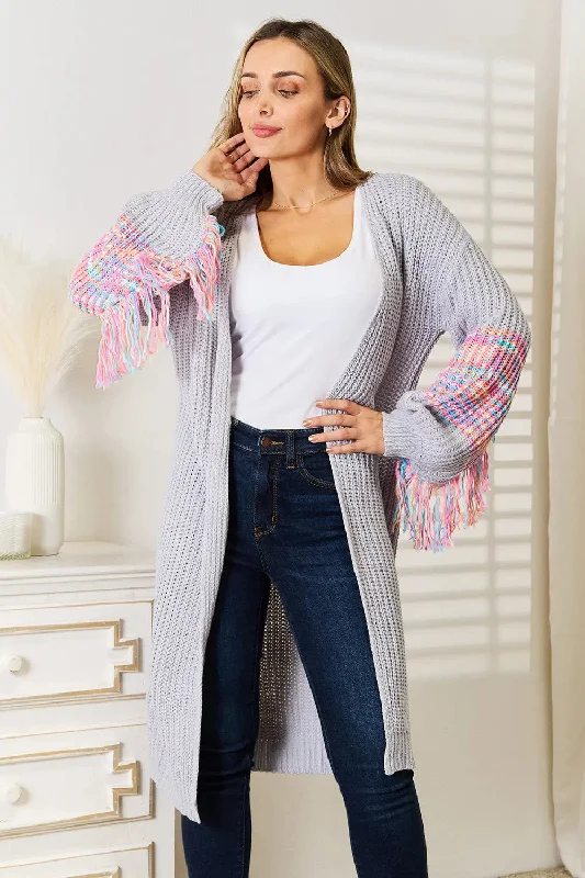 Woven Right Fringe Sleeve Dropped Shoulder Cardigan Cool Women's Distressed