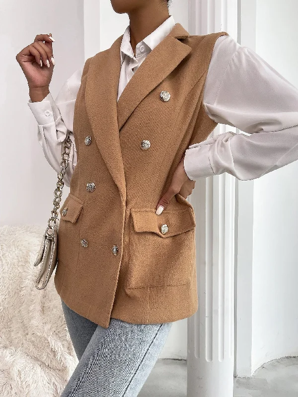 Elegant Plain Button Front Sleeveless Lapel Regular Women Blazer Business