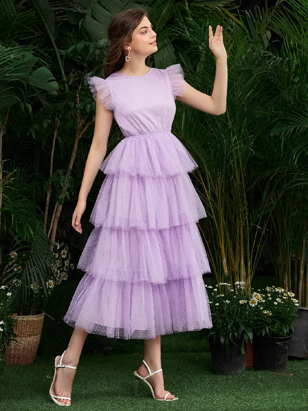 Plain Button Cap Sleeve Round Neck Layered/Tiered High Waist Long Dress Refined Women's Hand - crafted