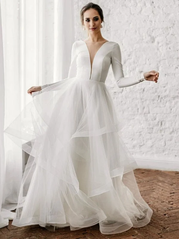 White A-Line Wedding Dresses Floor-Length Long Sleeves Tiered V-Neck Natural Waist Floor Length Bridal Gowns Hip Women's Retro