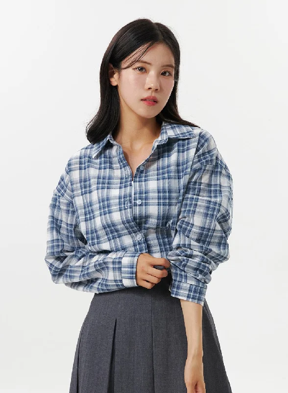 Collar Plaid Pocket Long Sleeve Blouse OO312 Streetwear Style for 