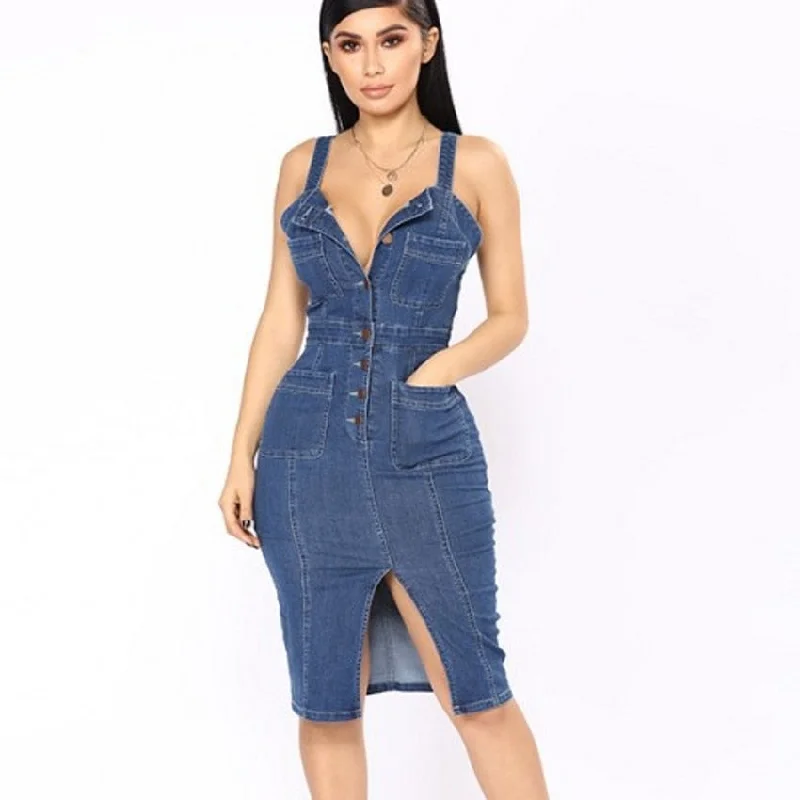 Sleeveless Single Breasted Split Denim Midi Dress Confident Women's High - fashion