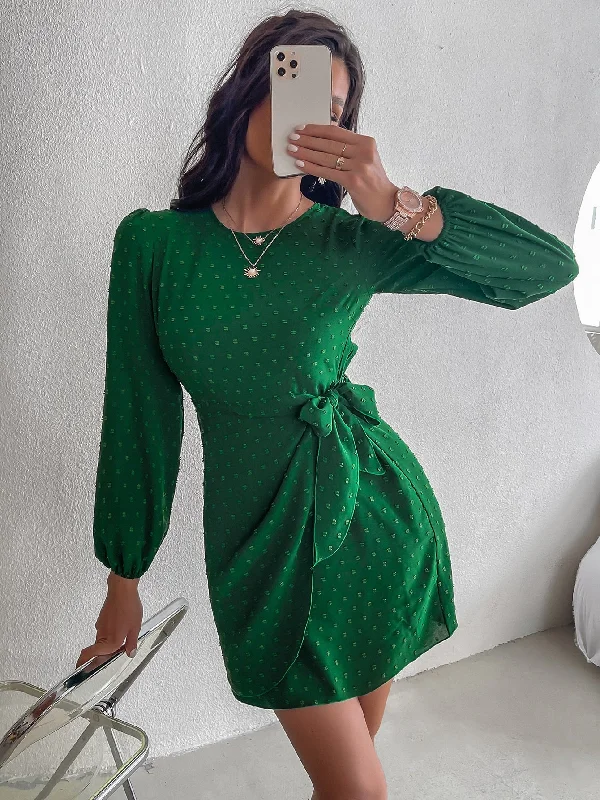 Plain Wrap Three Quarter Length Sleeve Round Neck Wrap High Waist Short Dress Women