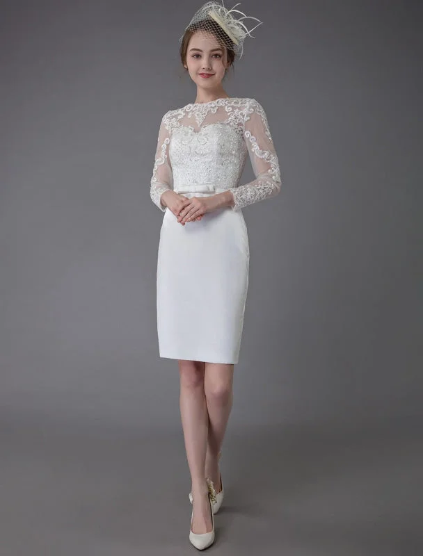 Vintage Wedding Dresses Jewel Long Sleeve Sheath Short Bridal Dress Exclusive Minimalist Women's Casual