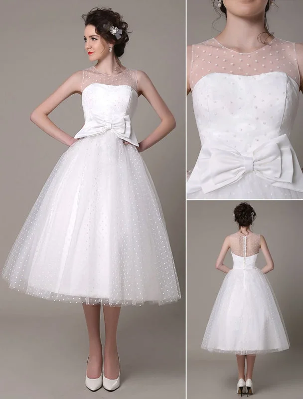 Tulle Wedding Dress Strapless A-Line Tea Length Bridal Dress With Bow Exclusive Tough Women's Military - inspired