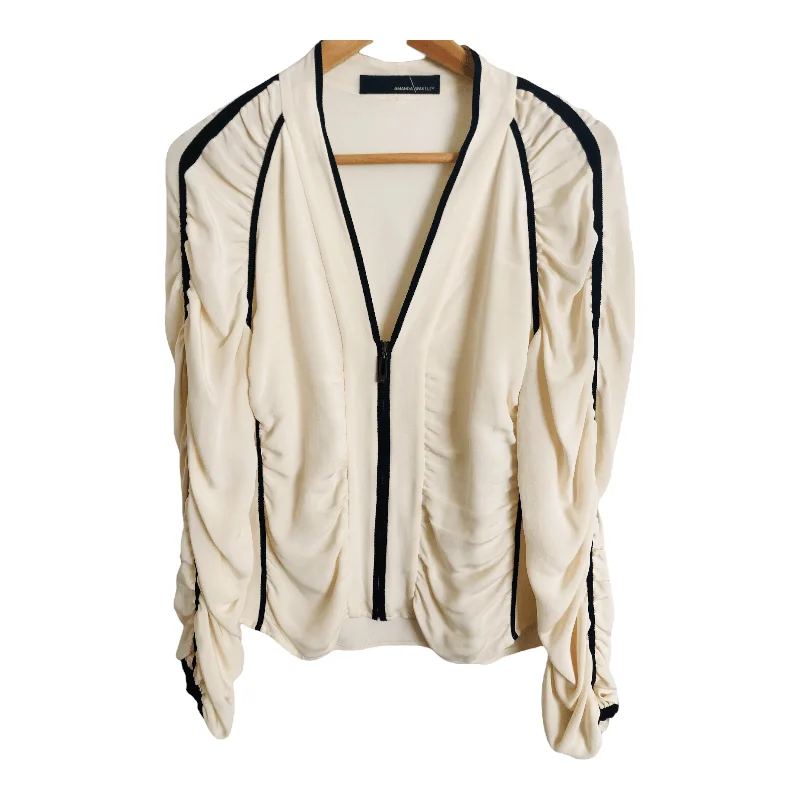 Amanda Wakeley 100% Silk Ruched Zip-up Cardigan Jacket Ivory Ecru Cream Black UK Size 12 Elegant Women's Amanda Wakeley 100% Silk Ruched Zip-up Cardigan Jacket Ivory Ecru Cream Black UK Size 12 Elegant Women's