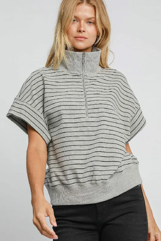 Umgee Striped Half Zip Short Sleeve Sweatshirt Confident Women's High - fashion