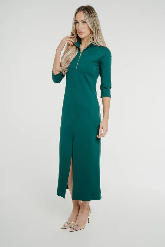 Faye Zip Front Midi Dress In Forest Green Classic Women's Pin - striped