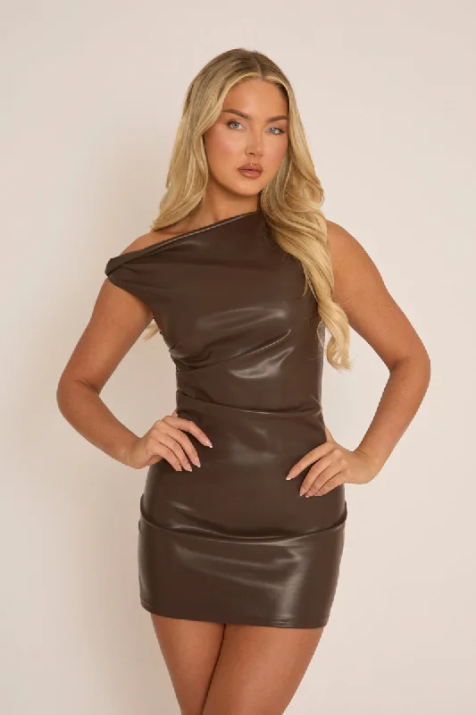 Chocolate Faux Leather One Shoulder Mini Dress - Kezia Women