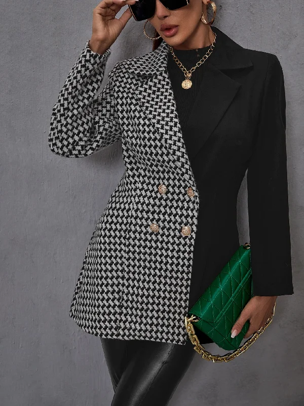 Elegant Houndstooth Double Button Long Sleeve Lapel Long Women Blazer Edgy Women's Punk