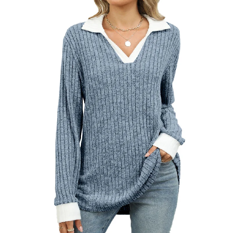 Contrast Color Lapel Long Sleeve Loose Sweaters Tops Wholesale Womens Clothing N3824072900053 Modern Women's Tech