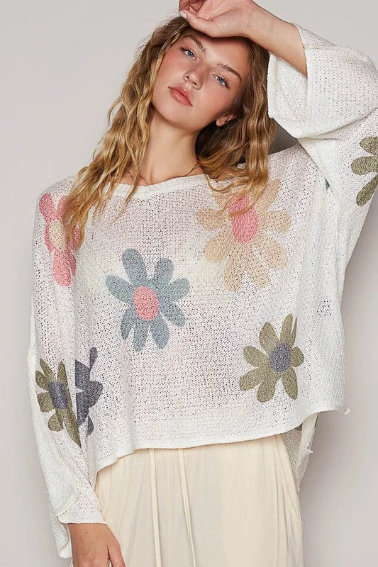 Flower Dropped Shoulder Long Sleeve Knit Top Casual Women's Loose - fitting