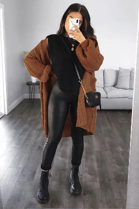 Brown Balloon Sleeve Longline Knit Cardigan - Abbie Cozy Women's Sherpa - lined